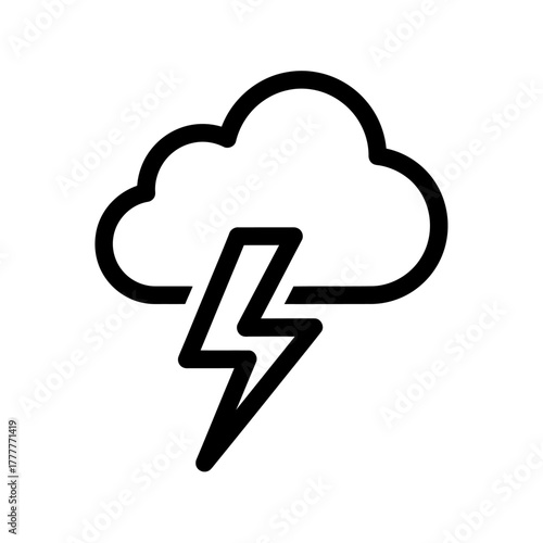 Simple black line icon of a thunderstorm cloud with a sharp lightning bolt.