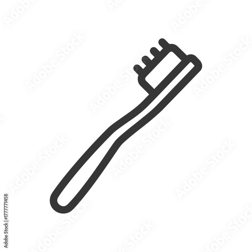 Simple Black Outline Drawing of a Toothbrush with Short Bristles and Angled Handle.