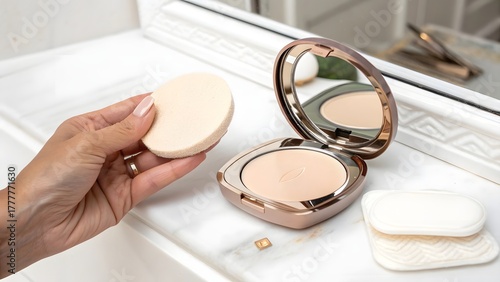 Hand Holding Open Compact Powder Case with Mirror and Sponge on White Background