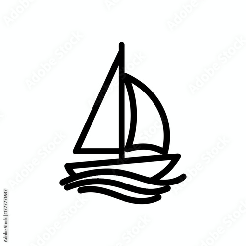 Simple Black Outline Illustration of a Sailing Boat on Wavy Water.