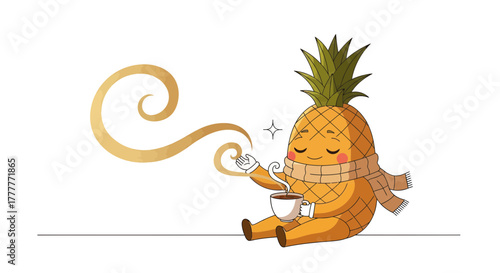 Relaxed Pineapple Character Enjoying a Hot Beverage With Warmth and Cozy Appeal