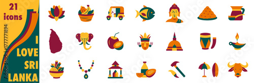 A set of icons dedicated to Sri Lanka in a flat minimalist style using national colors.