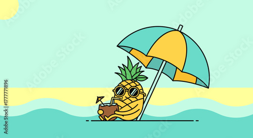 Relaxed Pineapple Enjoying Tropical Drink Beneath Beach Umbrella During Summer Vacation
