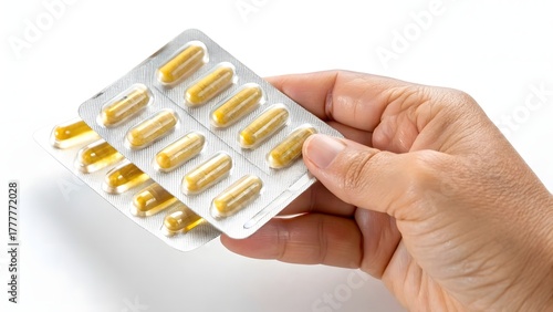Hand Holding Blister Pack of Vitamin Capsules on White Background