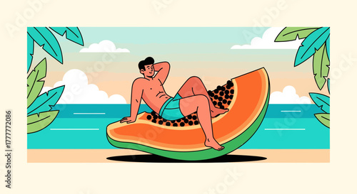 Relaxing On A Giant Papaya Slice On The Beach During A Tropical Vacation