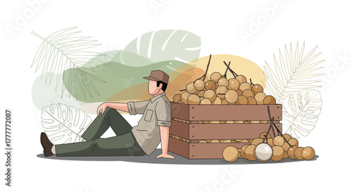 Resting Longan Farmer After A Long Day Of Harvesting With A Big Fruit Crate