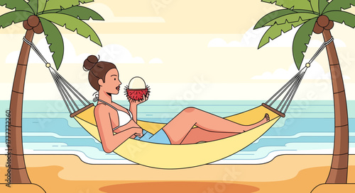 Relaxing Tropical Delight: Woman Enjoys Beachside Leisure and Refreshments Under Palms