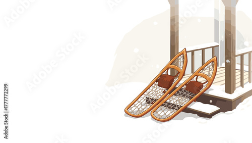 Pair of snowshoes leaning on snowy wooden porch railing, snowshoes on porch concept