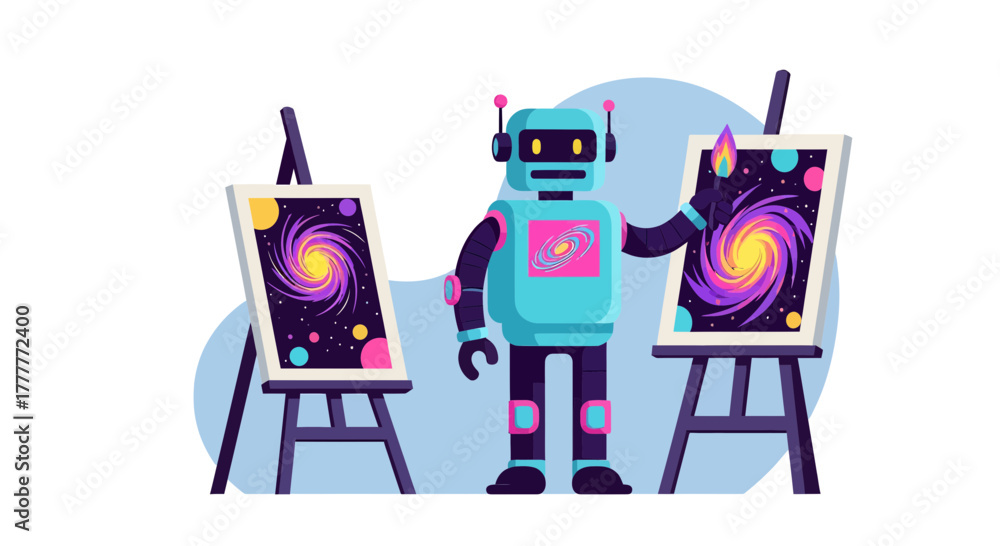 Fototapeta premium Robotic Artist Creates Stunning Cosmic Artwork on Easels in a Modern Illustration