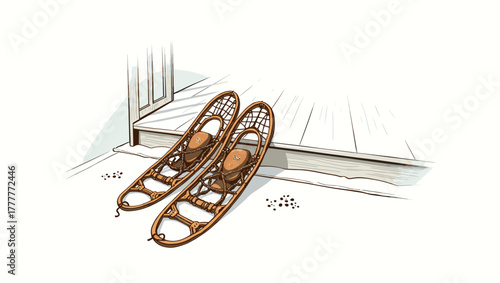 Pair of classic wooden snowshoes resting by porch step on snow, snowshoes on porch concept