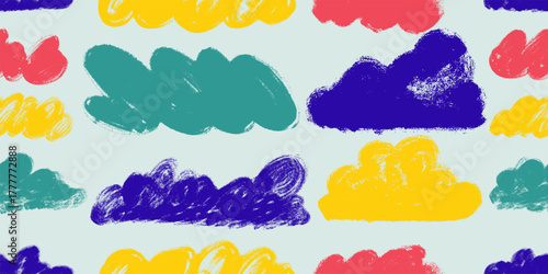 White fluffy crayon drawn clouds seamless pattern in a cute childish style. Hand drawn naive sky icons with pastel chalk texture and rough doodle lines. Adorable vector for kids design projects.