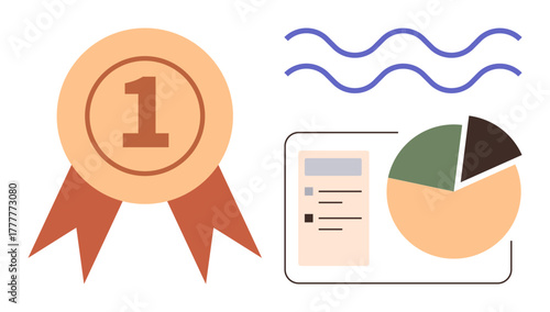 Orange ribboned medal, pie-chart sections, document list, wavy lines above Ideal for success, excellence, achievement, analytics, leadership goals education. Clean simple flat metaphor