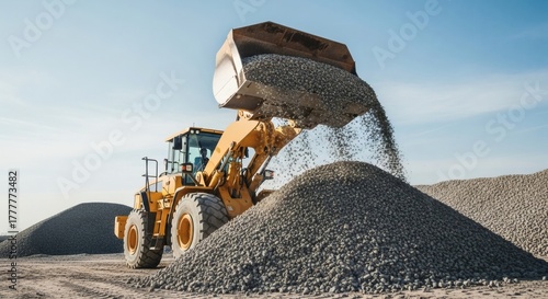 Industrial machinery in action as a powerful yellow front loader dumps a bucket full of gravel onto a large pile at a quarry worksite