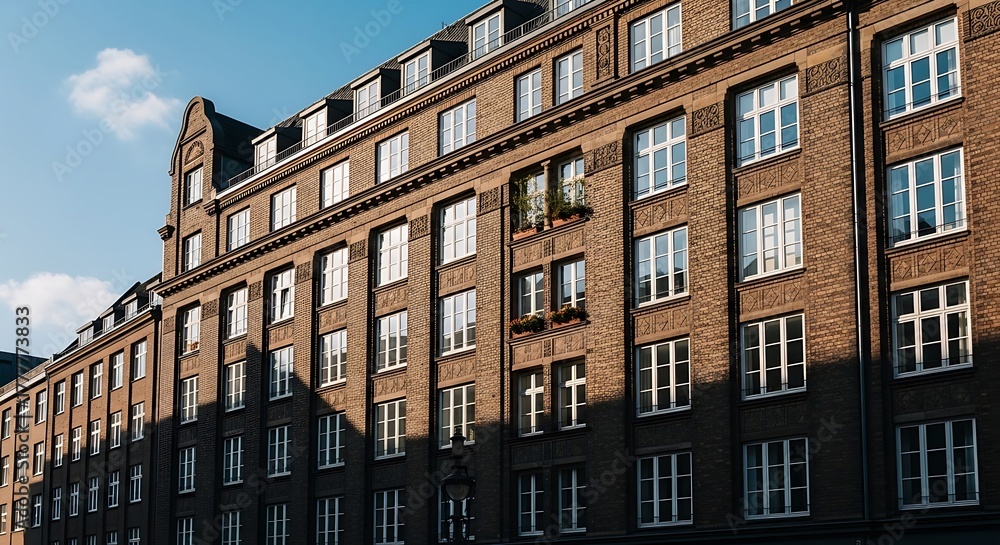 Obraz premium Historic Brick Apartment Building Facade with Many Windows.