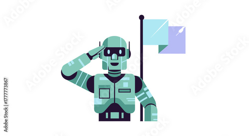 Robotic Soldier Saluting a Flag Representing Futuristic Technology and Advancement