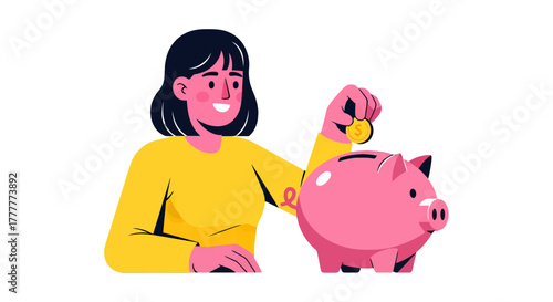 Saving Money Concept Depicted By A Woman Putting A Coin Into Piggy Bank