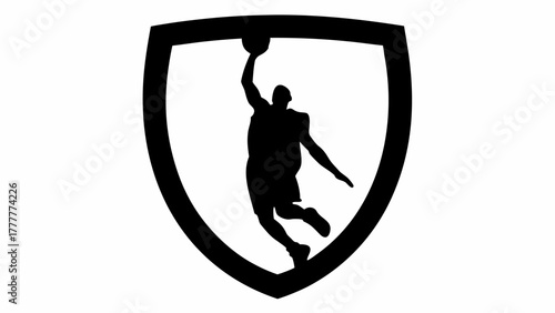 Dynamic silhouette of basketball player soaring through the air, poised for a slam dunk, framed within a shield for a powerful sports logo design