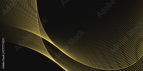 Abstract luxury with shining gold lines waves on black background. Futuristic background of flowing gold lines for banner, poster, cover, brochure, flyer, website