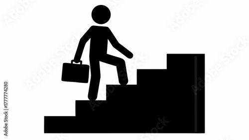Confident business person with briefcase ascends stairs, symbolizing career growth and professional advancement towards success.