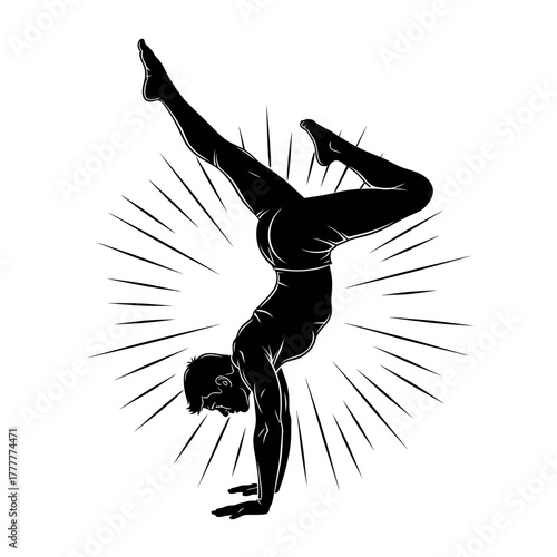 Dynamic Athlete Performing a Handstand with Energy Rays Showing Strength and Power