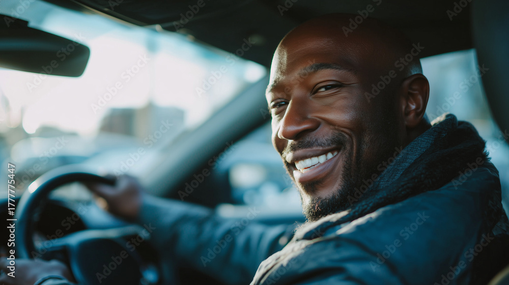 Obraz premium A smiling Black man sitting in the driver seat and looking back with a friendly expression. Natural lighting, candid moment, modern car interior.