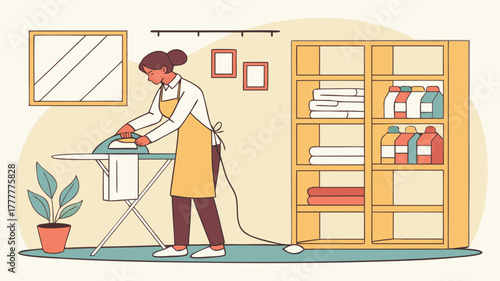 Cleaner ironing clothes in a professional laundry service, focused and skilled, in a bright room