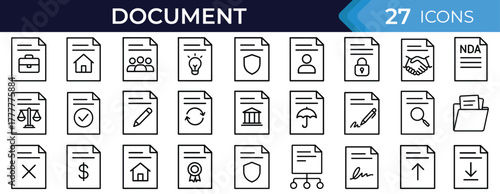 Business contract and legal document line icon set. Vector pictograms of NDA, digital signature, compliance, insurance, payment terms, and upload download paper files thin linear illustration