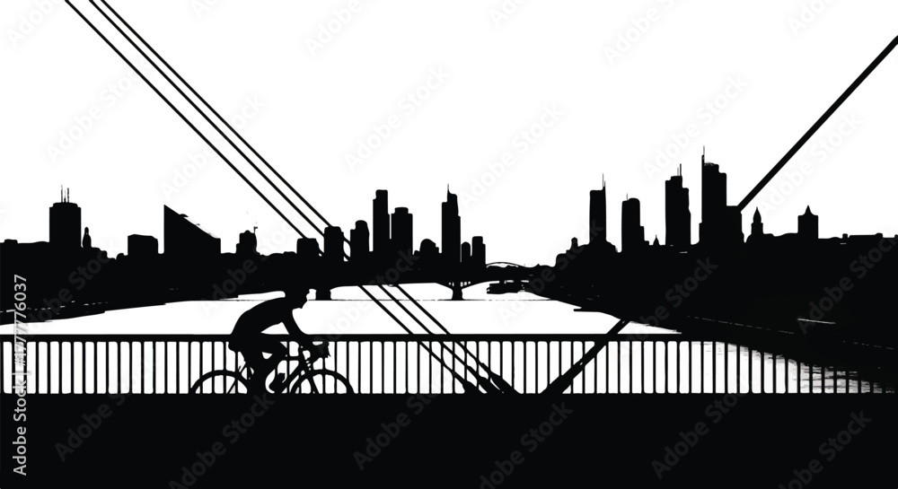 Fototapeta premium Silhouette of a cyclist crossing a bridge with a cityscape background Whisk_5b50016f58b2cf1aafd48109be418515dr_vector