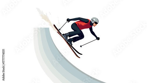 Professional skier jumping ramp in mid-air performing downhill stunt on snow slope concept of extreme winter sports