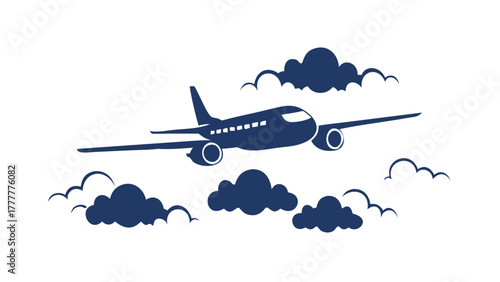 Commercial airplane silhouette flying through clouds, travel and freedom concept, minimal clean design for aviation artwork