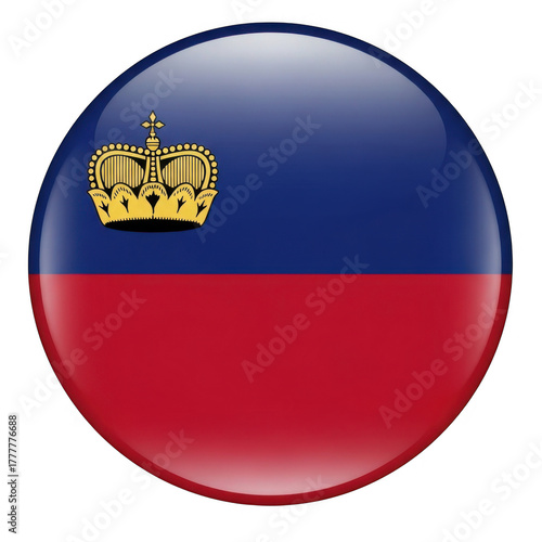 Glossy circular liechtenstein flag icon with shiny texture and golden crown symbol isolated on transparent background
