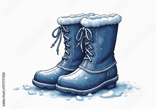 Blue winter boots with fluffy white lining resting on snow-covered ground, showcasing cozy footwear for cold weather and outdoor adventures in a winter wonderland