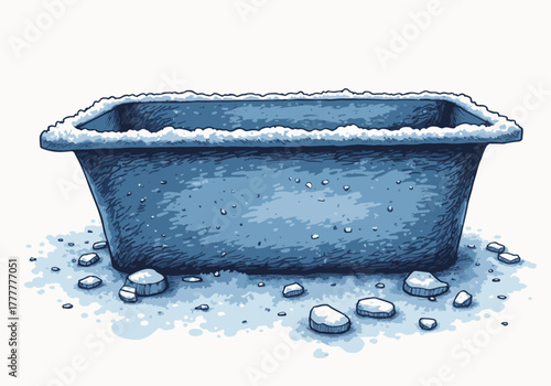 Frozen trough filled with ice and snow, surrounded by scattered ice pieces, showcasing winter's chill and the beauty of a frosty landscape with copy space