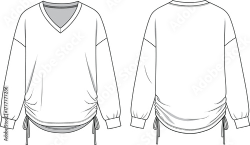 V-neck pullover sketch, fashion flat drawing, long sleeve top, ruched hem, adjustable drawstring, technical apparel design, garment illustration