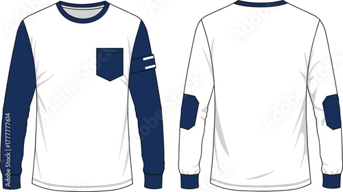 White long sleeve shirt, navy blue sleeves, elbow patch design, chest pocket, round neck, fashion apparel, casual wear, stylish garment