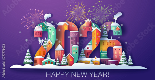 City Village, Happy new year 2026 and Merry Christmas card. Winter Snow Urban Countryside Landscape
