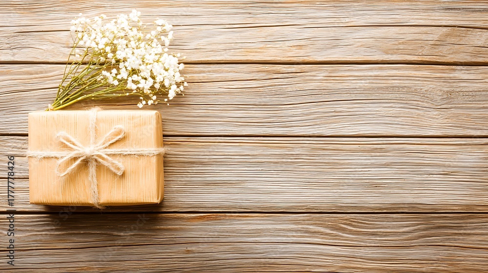 Fototapeta premium Rustic wooden surface decorated with soft bouquet and wrapped present under gentle morning light