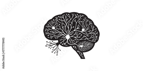 Human brain circuitry silhouette icon isolated on transparent background, Human Head with Brain and Circuitry Icon isolated on transparent background - AI Generative, Black and White Half Human