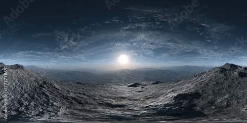 360-Degree Moonscape: Spherical Panorama of a Cosmic Environment with Celestial Elements