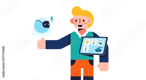 Smart Home Control System Illustration Featuring Humanoid Robot Interface and Tablet Device