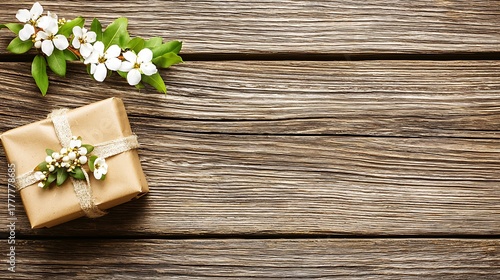 Natural composition with small wrapped gift and floral details resting on rustic wood