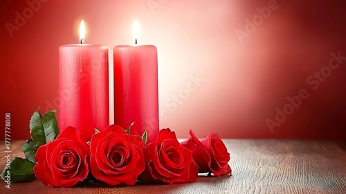 Candlelight casting gentle glow over red roses and smooth deep red texture