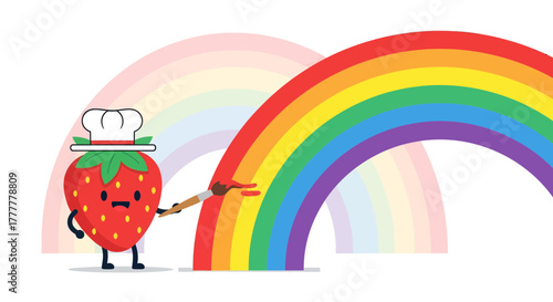 Strawberry Chef Painting a Bright Rainbow on a Whimsical and Colorful Illustration