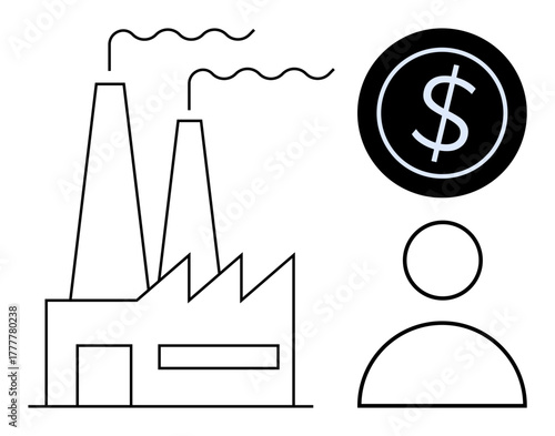 Factory with smokestacks, dollar coin, and person icon suggesting financial growth, industry, and workforce. Ideal for business, economy, manufacturing, employment investment productivity