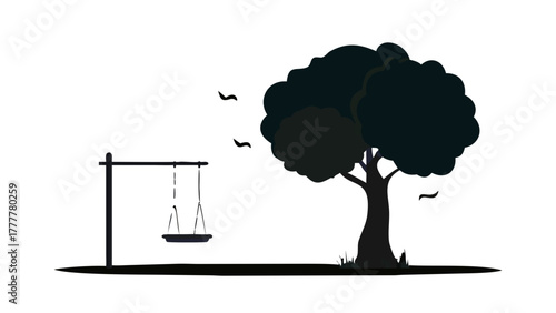Lonely tree with hanging swing, nostalgic childhood mood, calm and poetic composition, minimalist silhouette for emotional art