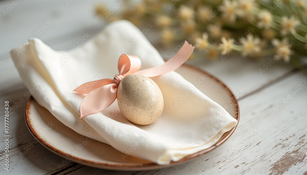 Fototapeta premium Close-up of Easter table decor with napkin, egg, and ribbon in a minimalistic style