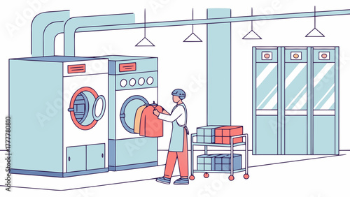 Worker operating a washing machine in a dry cleaning service, focused and professional, in a bright room