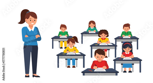 Students Focused On Classwork And Teacher Observing In Classroom Setting