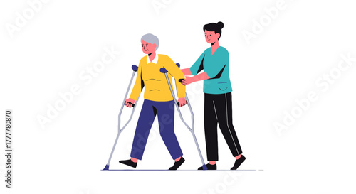 Supporting Mobility: Elderly Woman Assisted By Helpful Caregiver With Crutches And Support