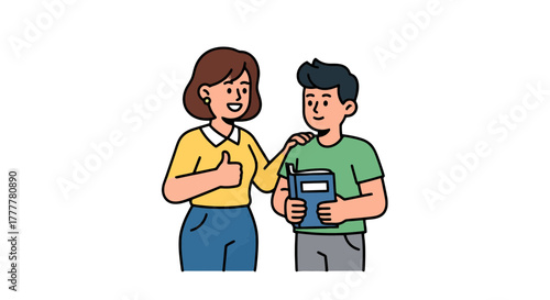 Supportive Teacher Showing Thumbs Up To The Student Holding A Textbook Illustration